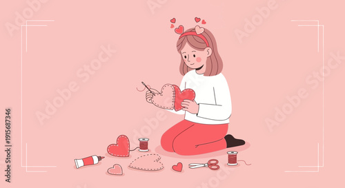 Creative Young Girl Crafts Adorable Hearts With Needle And Thread For Valentines Day Or Crafting
