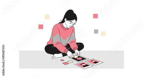Creative Young Woman Arranging Personal Photographs For Scrapbooking Or Memory Keeping