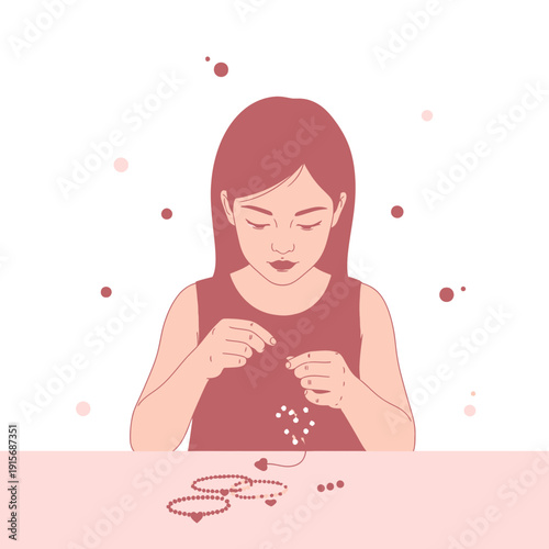 Creative Young Woman Crafting Delicate Beaded Jewelry At Home