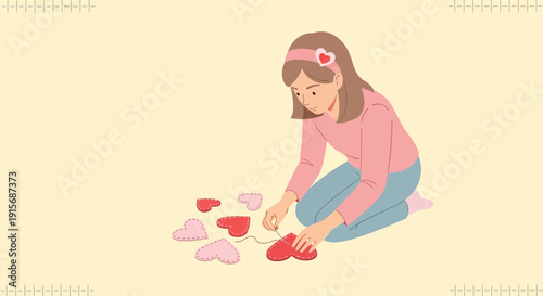 Creative Young Girl Sewing Adorable Heart Shapes for Crafts