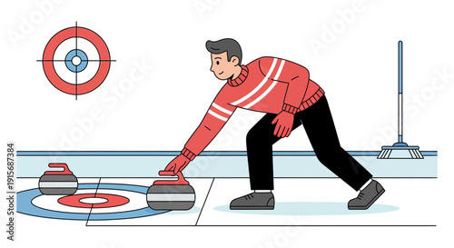 Curling Athlete Pushing Stone Towards Target In Winter Sport Activity