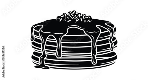A striking black and white illustration depicts a stack of pancakes generously drizzled with dark chocolate syrup high quality professional