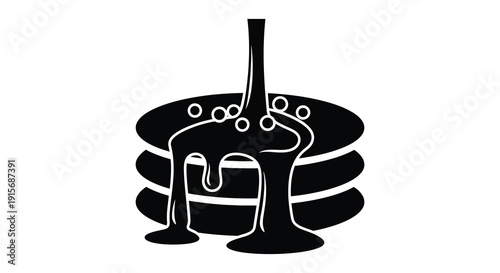 A minimalist black and white illustration depicts a stack of pancakes being drenched in flowing chocolate syrup