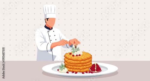 Culinary Artist Perfectionist Decorating Stacked Pancakes with Pomegranate and Herbs