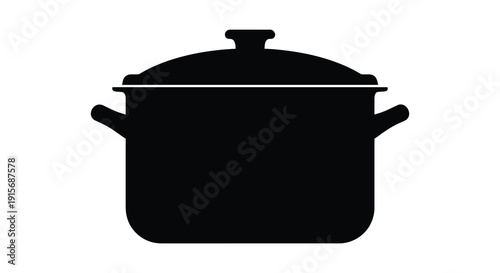 A minimalist black silhouette depicts a cooking pot with a lid and handles suggesting kitchenware high quality professional