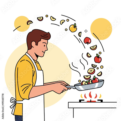 Culinary Creation With Fresh Apples In A Wok Flipped With Enthusiasm And Skill