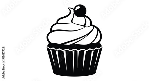 A striking black and white illustration depicts a single cupcake with a cherry on top showcasing its delicate details