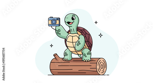 Cute Cartoon Tortoise Enjoying A Scenic Photograph On A Wooden Log Illustration