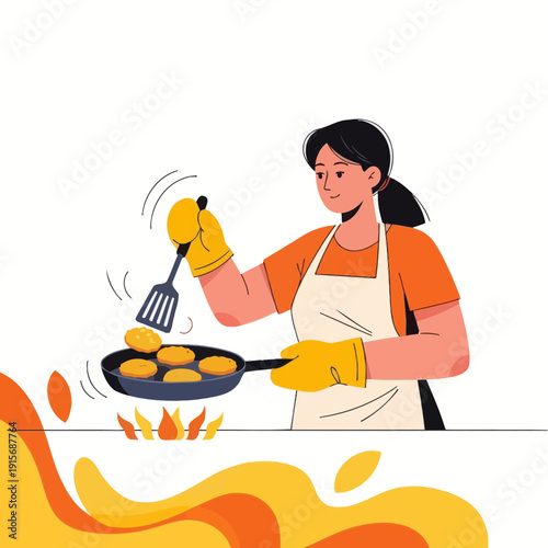 Culinary Creation Woman Cooking Pancakes In A Pan On Stove