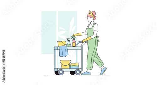 Dedicated Cleaner Pushing Supplies Cart For Detailed Housekeeping Services
