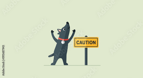 Cute Dog Standing Next To Caution Sign Animated Style