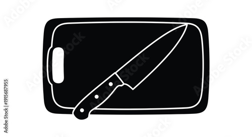 A simple black and white illustration depicts a rectangular cutting board with a chef s knife resting diagonally across it