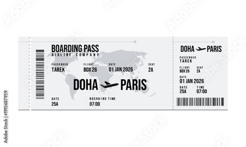 Airline boarding pass ticket for Doha to Paris flight 1