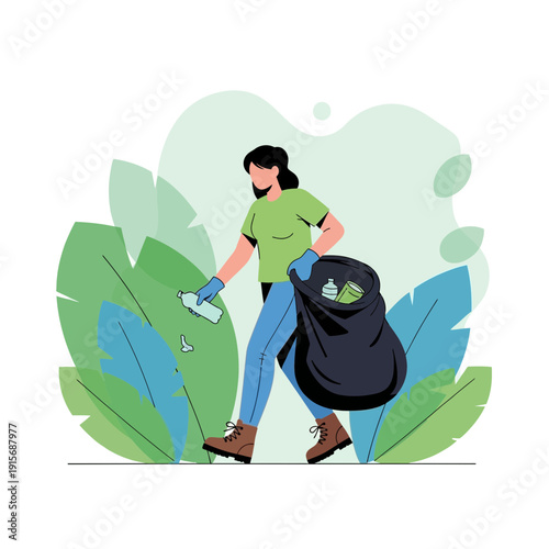 Dedicated Individual Cleans Up Nature With Trash Bag And Gloves