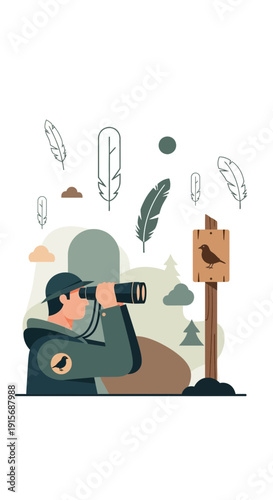 Dedicated Ornithologist Observing Avian Life With Binoculars In Natural Habitat