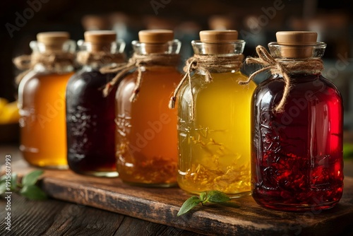 Infused oils and vinegars in corked glass bottles on wood