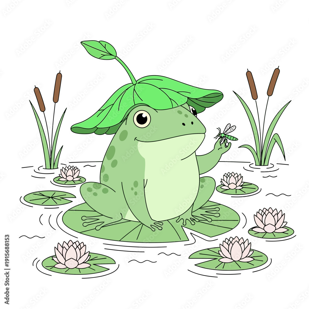 Fototapeta premium Cute Frog With Leaf Hat Sitting On Lily Pad Surrounded By Water Lilies And Dragonflies