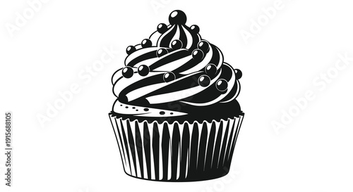 A detailed black and white illustration depicts a beautifully frosted cupcake with spherical decorations high quality professional modern