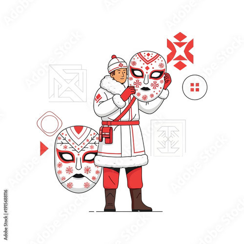 Cultural Celebration Person With Decorative Masks And Geometric Motifs