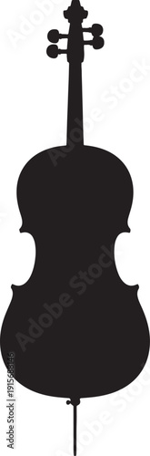 Black silhouette of a cello with tuning pegs and endpin on a white background also transparent background
