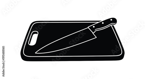 A simple black and white illustration depicts a kitchen cutting board with a chef s knife resting on top