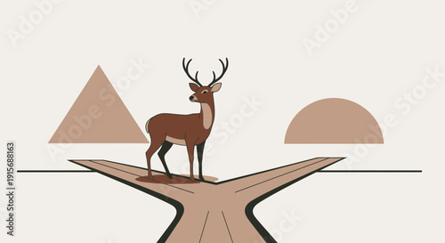 Deer Standing At A Crossroads Facing Abstract Shapes Representing Choices