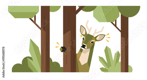 Deer Surprised Inside Forest With Modern Geometric Illustration