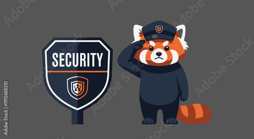 Cute Red Panda Guard Standing Saluting Next To Security Sign