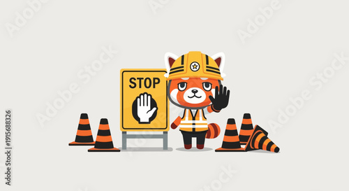 Cute Red Panda Worker Signals Stop With Traffic Cones And Sign