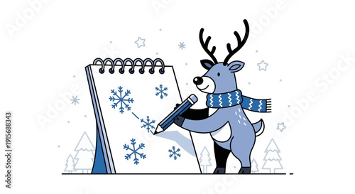Cute Reindeer Drawing Snowflakes On A Notepad Celebrating Winter Season