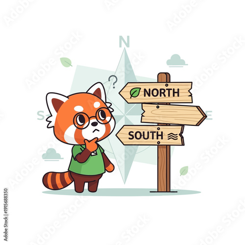 Cute Red Panda Lost At Crossroads Seeking Direction and Making Decisions