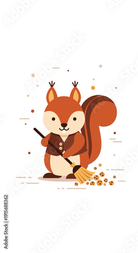 Cute Squirrel Character Sweeping Autumn Leaves With Broom