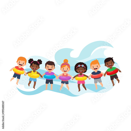 Diverse Children Joyfully Holding Hands With Inflatable Rings During Summertime Fun Activity