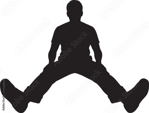 Black silhouette of a person sitting with legs spread wide apart also transparent background wide stance