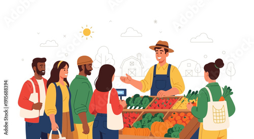 Diverse Community Buys Fresh Produce At Bustling Farmers Market Stall