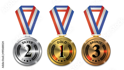 Gold Silver and Bronze Medal Set First Second Third Place Award Badges Vector Illustration