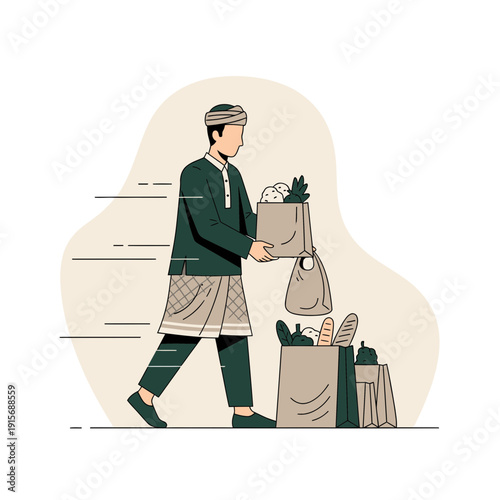 Delivery Service: A Man in Traditional Attire Carrying Groceries with Speed and Efficiency