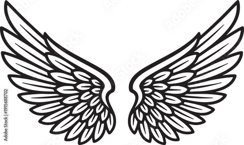 Stylized black and white angel wings spread open against a white background also transparent background