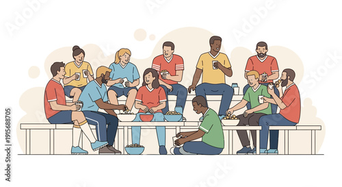 Diverse Friends Gathering Enjoying Snacks Together On Bleachers