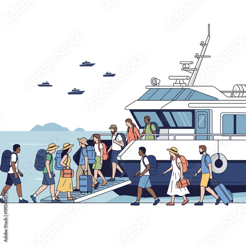 Diverse Group Boarding A Passenger Ferry Enjoying A Summer Getaway Adventure
