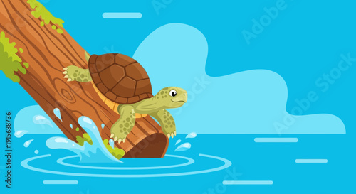Cute Turtle Sliding Down a Tree Trunk into Water Splash