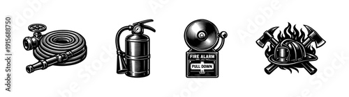 Fire safety flat vector icons set: extinguisher, alarm, hose, helmet for emergency response