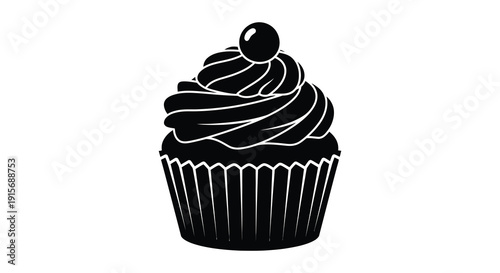 A striking black and white illustration depicts a single cupcake with a cherry on top showcasing a detailed design