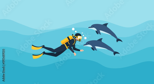 Diver Explores Ocean Depths With Playful Dolphins Swimming Nearby