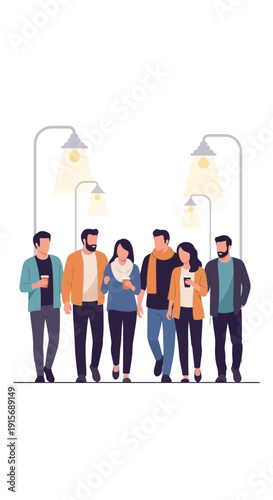 Diverse Group Of Friends Enjoying A Casual Stroll Under Streetlights