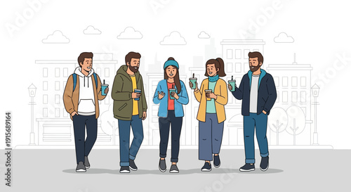 Diverse Group Of Friends Enjoying Refreshments In A City Environment