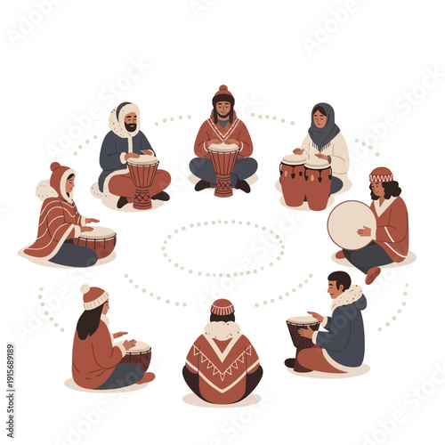 Diverse Group Of Individuals Playing Percussion Instruments In A Harmonious Circle, Unique Vibe