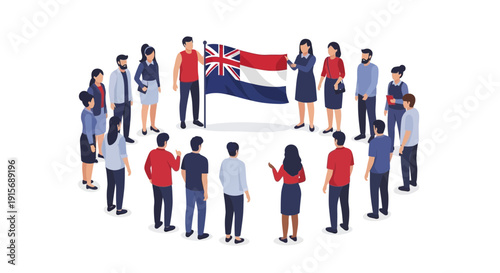 Diverse Group Of People Stand Around A National Flag In A Circle