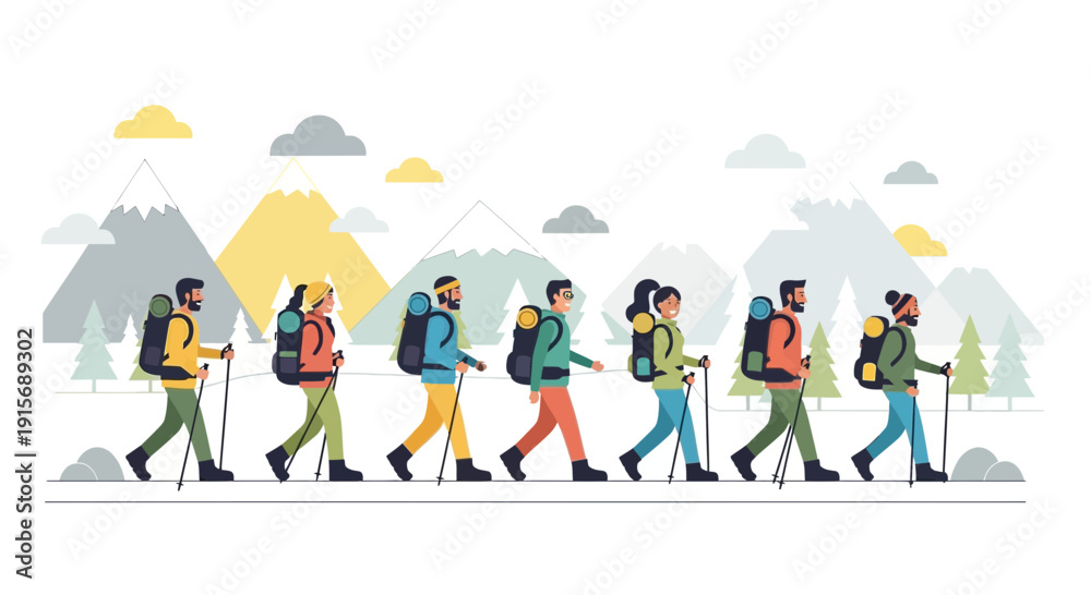 Fototapeta premium Diverse Group Trekking Through Scenic Mountainous Landscape