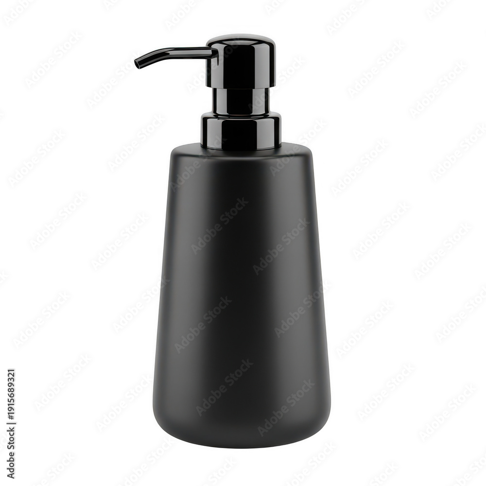 Obraz premium Modern black soap dispenser with pump on a white background isolated on transparent background